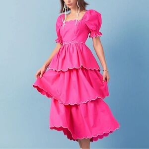 English Factory Hot Pink Tiered Midi Dress with Scalloped Trim